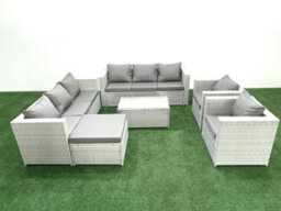 Fimous Outdoor Rattan Sofa Garden Furniture Set 2 Armchairs Oblong Coffee Table Big Stool Light Grey - thumbnail 2
