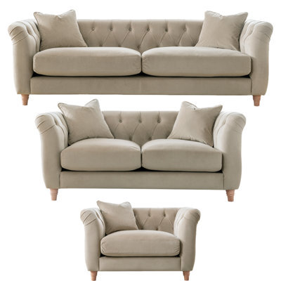 Furnishings For Less UK Elsie Velvet Chesterfield Plush Velvet Putty 3 Seater + 2 Seater + Armchair Set - image 1