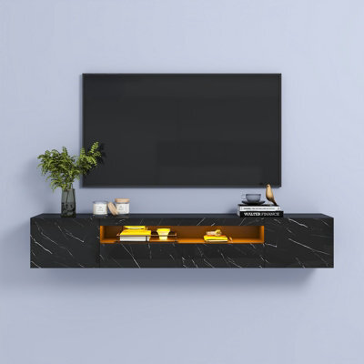 Keepreaper Black Tv Unit High Gloss Floating Tv Stand With Led Light And Storage Cabinet For Up To 80 Inch Tv - image 1