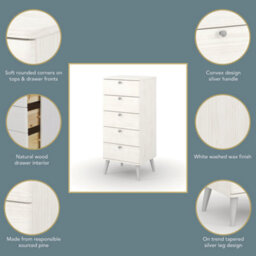 Core Products Augusta Curve 5 Drawer Narrow Chest In White - Slim Bedroom Storage Cabinet H103 X W45 X D39.5 Cm - thumbnail 7