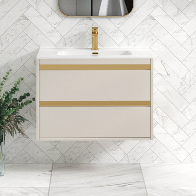 Royal Bathrooms Orion 800mm Warm Taupe 2 Drawer Wall Hung Vanity Unit With Ceramic Basin & Brushed Brass Strip - image 1