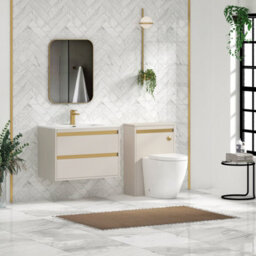 Royal Bathrooms Orion 800mm Warm Taupe 2 Drawer Wall Hung Vanity Unit With Ceramic Basin & Brushed Brass Strip - thumbnail 3