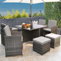 Hera Rattan Cube 8 Seater Dining Garden Patio Set W/ Parasol Hole - Grey - thumbnail 1