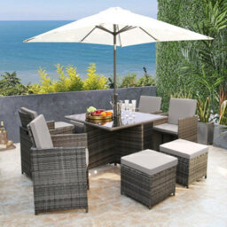 Hera Rattan Cube 8 Seater Dining Garden Patio Set W/ Parasol Hole - Grey - thumbnail 2