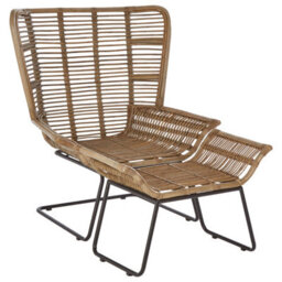 Orsina Rattan Chair And Footstool Set, Horizontal Rattan Lining Chair, Hand-Woven Rattan Set With Black Iron Frame