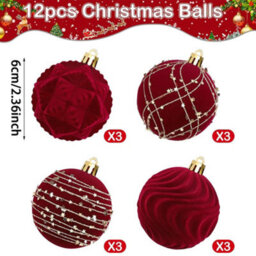 CLEFFNS 12Pcs Velvet Christmas Balls Burgundy Flocked Shatterproof Hanging Ball Ornaments Christmas Tree Decorative Ornaments For Xmas - thumbnail 7