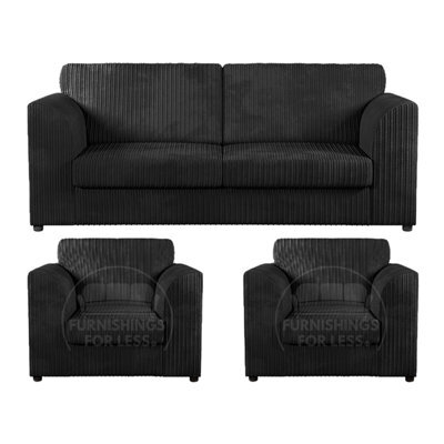Furnishings For Less UK Luxor Jumbo Cord 3 + 1 + 1 Fabric 3 Piece Sofa Suite - Fullback Black - image 1