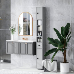 Kleankin Slim Bathroom Cabinet W/ Open Shelves And 2 Door Cupboards, Grey - thumbnail 7