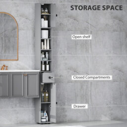 Kleankin Slim Bathroom Cabinet W/ Open Shelves And 2 Door Cupboards, Grey - thumbnail 4