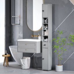 Kleankin Slim Bathroom Cabinet W/ Open Shelves And 2 Door Cupboards, Grey - thumbnail 1