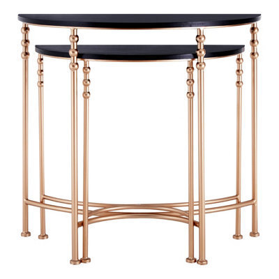Orsina Set Of Two Half Round Console Tables, Boutique Style Rose Gold Accent Tables With Matte Black Mdf Top - image 1