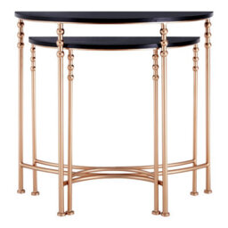 Orsina Set Of Two Half Round Console Tables, Boutique Style Rose Gold Accent Tables With Matte Black Mdf Top