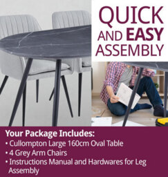 Hallowood Furniture Cullompton Large 160Cm Oval Table, Grey Marble Effect Top, With 4 Grey Fabric Arm Chairs - thumbnail 7