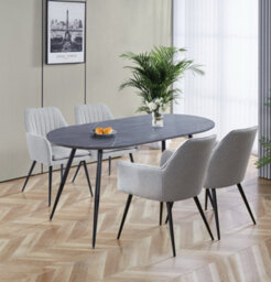 Hallowood Furniture Cullompton Large 160Cm Oval Table, Grey Marble Effect Top, With 4 Grey Fabric Arm Chairs
