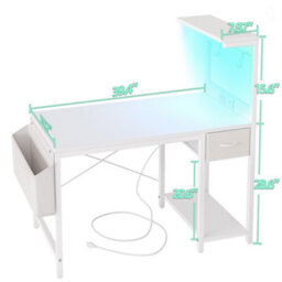 Bexevue White Gaming Desk With Power Outlets And Led Light, 100Cm Computer Table With Reversible Shelves And Drawer - thumbnail 3