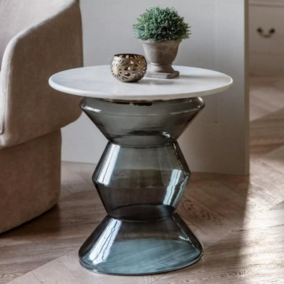 Xample Gallery Turin Blue Side Table White Marble Top Blue Glass Base Bronze Metal Accent Modern Living Room Accent Table - image 1