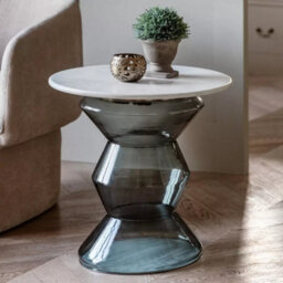 Xample Gallery Turin Blue Side Table White Marble Top Blue Glass Base Bronze Metal Accent Modern Living Room Accent Table - thumbnail 1