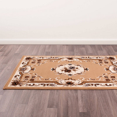 Beige Traditional Floral Bordered Rug Easy To Clean Dining Room-120Cm (Circle) - image 1