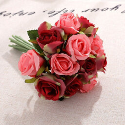 Artificial Silk Rose Bouquet - 12 Pink & Red Heads For Weddings, Home & Events Decor - thumbnail 1