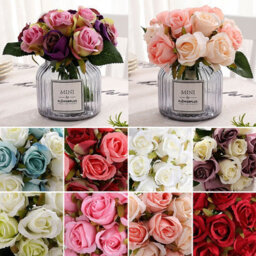 Artificial Silk Rose Bouquet - 12 Pink & Red Heads For Weddings, Home & Events Decor - thumbnail 2