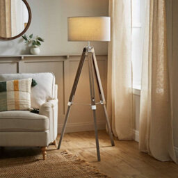 Valuelights Clipper Modern Light Wood And Chrome Tripod Floor Lamp With Cool Grey Drum Shade - thumbnail 3