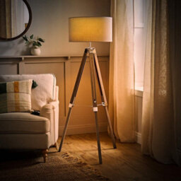 Valuelights Clipper Modern Light Wood And Chrome Tripod Floor Lamp With Cool Grey Drum Shade - thumbnail 2