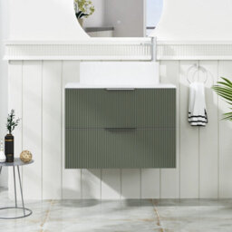 Royal Bathrooms Evora 700mm Sage Green Fluted Wall Hung Countertop Vanity Unit 2 Drawer With Peak Basin - thumbnail 1