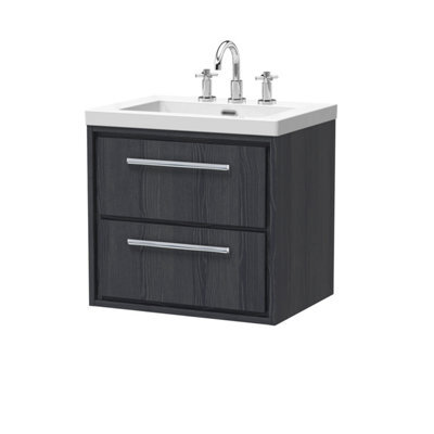 Hudson Reed Lille Wall Hung 2 Drawer Vanity Unit With 3 Tap Hole Basin, Graphite Woodgrain, 584 X 613 mm - image 1