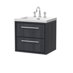 Hudson Reed Lille Wall Hung 2 Drawer Vanity Unit With 3 Tap Hole Basin, Graphite Woodgrain, 584 X 613 mm - thumbnail 1