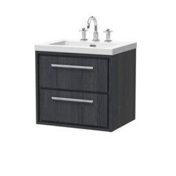 Hudson Reed Lille Wall Hung 2 Drawer Vanity Unit With 3 Tap Hole Basin, Graphite Woodgrain, 584 X 613 mm - thumbnail 2