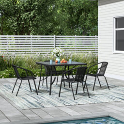 Breeins Set Of 5  Black Outdoor Garden Furniture Set Dining Set Umbrella Hole Table Stacking Chair For Garden Patio Lounge Balcony - thumbnail 2