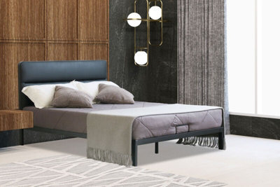 Comfy Living Metal Bedframe 5Ft Kingsize With Black Faux Leather Headboard - image 1