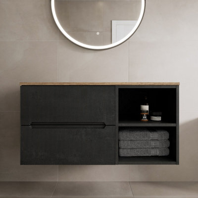 Affine 1000mm Bathroom Vanity Unit Oak Countertop Wall Hung Fluted Black Unit No Basin - image 1