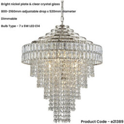 Loops Multi Arm Hanging Ceiling Pendant Light - Bright Nickel Plate & Clear Crystal Glass Shade - 7 X 6W Led E14 - thumbnail 2