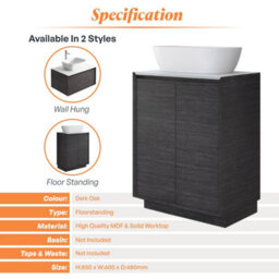 Plum&clay Matterhorn Dark Oak Floor Standing Bathroom Vanity Unit With White Countertop (W)600mm (H)850mm - thumbnail 4