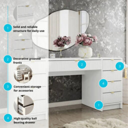 Writing Desk With Storage Tireno Bis White Velvet Mdf Laminated Board Fluted Drawer Fronts Modern Furniture For Home Office Study - thumbnail 5
