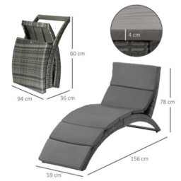 Outsunny Garden Rattan Sun Lounger Foldable Patio Chaise Chair Grey - thumbnail 3