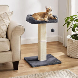 Feline Scratching Tower, Cat Scratcher With Cozy Perch, Sisal Wrapped Post With Pompom, Dark Grey