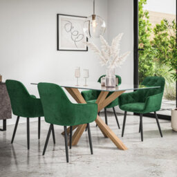 More4Homes Etta Glass Dining Table And Chairs - Glass Top W Solid Oak Legs + Anika Velvet Dining Chair Set Of 4 (Green)