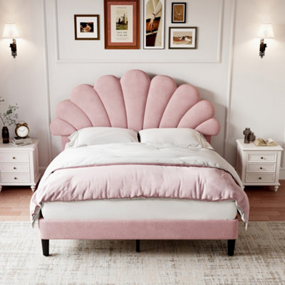 Matteo Double Upholstered Velvet Bed Frame With Adjustable Petal Headboard - Pink, Solid Wood Slats, Easy Assembly, No Box Spring Needed - image 1