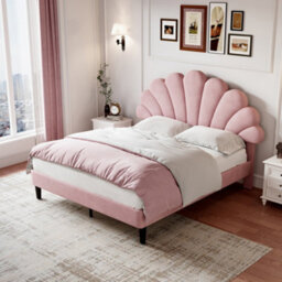 Matteo Double Upholstered Velvet Bed Frame With Adjustable Petal Headboard - Pink, Solid Wood Slats, Easy Assembly, No Box Spring Needed - thumbnail 2