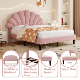 Matteo Double Upholstered Velvet Bed Frame With Adjustable Petal Headboard - Pink, Solid Wood Slats, Easy Assembly, No Box Spring Needed - thumbnail 7