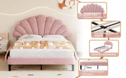 Matteo Double Upholstered Velvet Bed Frame With Adjustable Petal Headboard - Pink, Solid Wood Slats, Easy Assembly, No Box Spring Needed - thumbnail 9