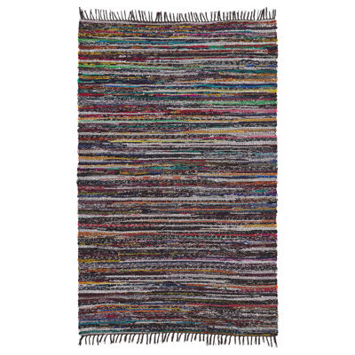 Wyld And Coco Handmade Cotton Area Rug 140 X 200 Cm - Dark Multicolour Striped With Fringe - image 1