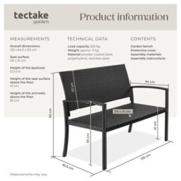 Tectake Rattan Garden Bench Murat 2-Seater , Weatherproof, 250 Kg - Black - thumbnail 6