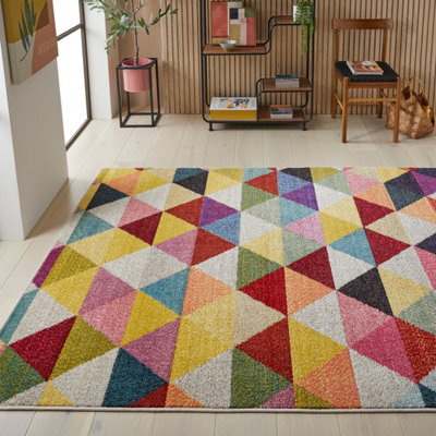 Multi Geometric Chequered Modern Easy To Clean Rug For Dining Room-240Cm X 330Cm - image 1