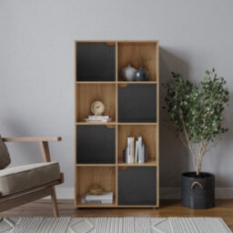 Urbn-Living Urbnliving 119Cm Height 8 Cubes Oak Wooden Bookcase Shelving Display Shelf Black Door Storage Unit - thumbnail 1