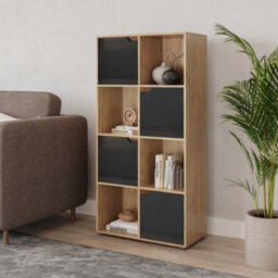 Urbn-Living Urbnliving 119Cm Height 8 Cubes Oak Wooden Bookcase Shelving Display Shelf Black Door Storage Unit - thumbnail 3