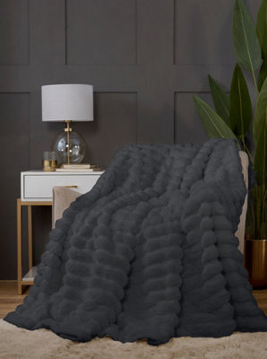 Rapport Home Chunky Ribbed Fur Polyester Soft Plush Cuddly Cozy Blanket Throw Charcoal Grey - image 1
