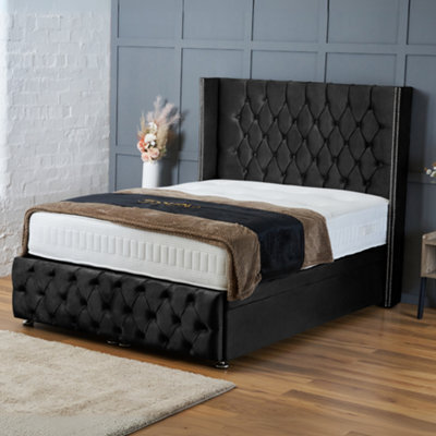 Bsspoke Black Velvet Divan Bed Chesterfield Wingback End Lift Up Ottoman Storage With Mattress 138Cm Headboard&footboard All Sizes - image 1